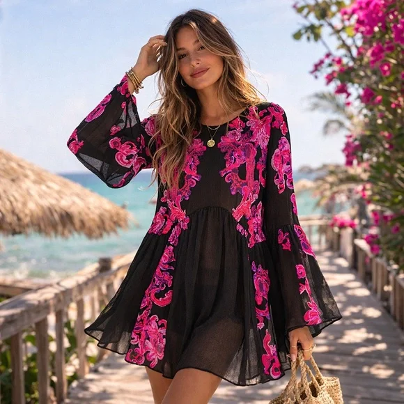 Free People Sheer Baroque Print Bell Sleeve Tunic Mini Dress Boho Open Back XS - Picture 2 of 11